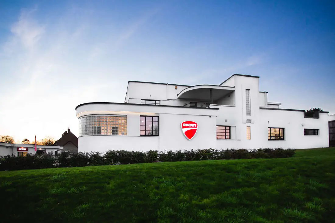 ArcHaus seen from the side, with the Ducati showroom