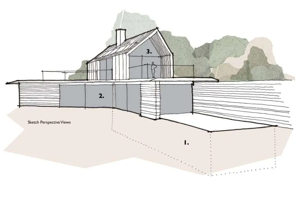 A hand sketch of a low-energy house, in perspective